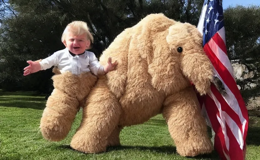 Image similar to Donald Trump in a baby mammoth costume , with an open face