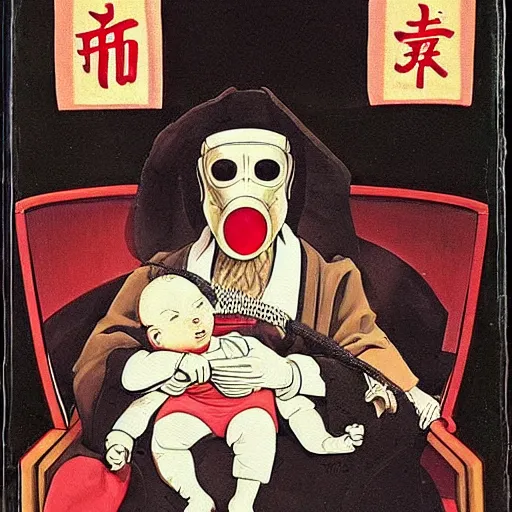 Prompt: hyper realistic painting of a handsome symmetrical man, sitting in a gilded throne, tubes coming out of the man's arm, getting a blood transfusion from a baby. plague doctor in the background. in the style of classicalism mixed with retro japanese book art. daguerrotype