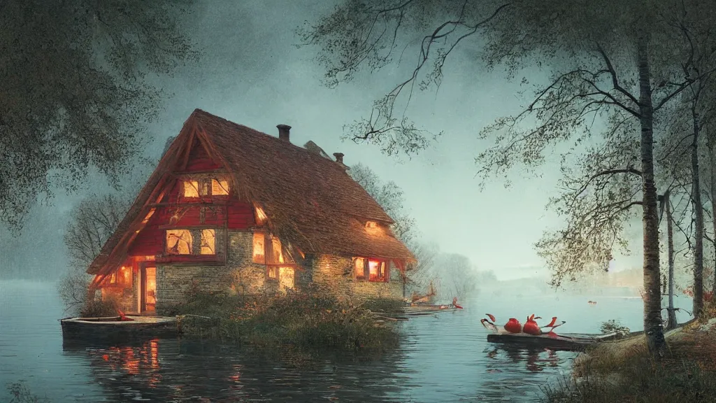 Prompt: small red wooden cottage by the lake, lanterns on the porch, smoke coming out of the chimney, dusk, birch trees, tranquility, two swans on the lake, two swans, a wooden rowing boat, by Greg Rutkowski, by Charlie Bowater