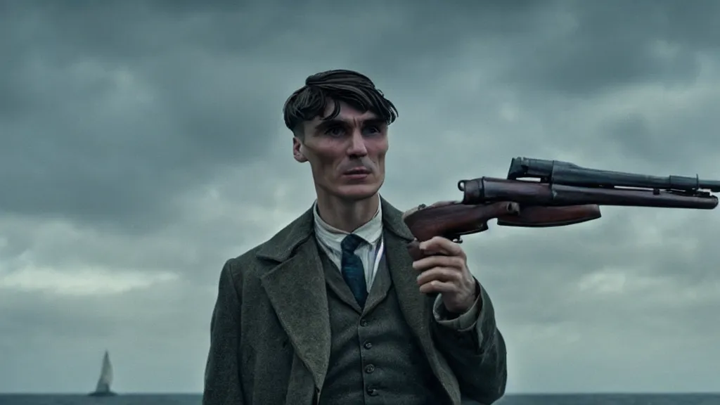 Prompt: photo of Thomas Shelby holding a Thompson, coming out of the ocean, extreme detailed face, spaceship far on the background, film still from the movie directed by Denis Villeneuve with art direction by Zdzisław Beksiński, wide lens