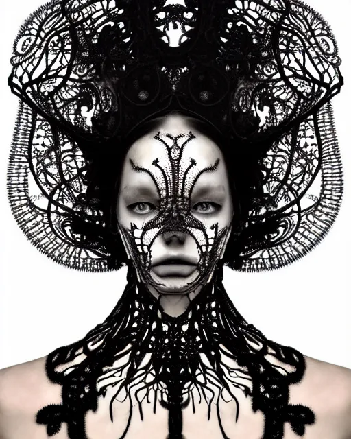 Image similar to surreal dark poetic black and white photo portrait of complex bio-mechanical beautiful young silver female vegetal-cyborg with a Mandelbrot fractal steampunk metal fine lace face, a very long neck and a fine metal floral foliage super big lace collar by Alexander McQueen:: smoke, high fashion, haute couture, rococo, steampunk, silver filigree details, anatomical, facial muscles, cable wires, microchip, elegant, dreamy, foggy atmosphere, hyper realistic, 150 mm lens, soft rim light, octane render, unreal engine, picture was taken in 1910 by Man Ray, volumetric lighting, dramatic light,8k,