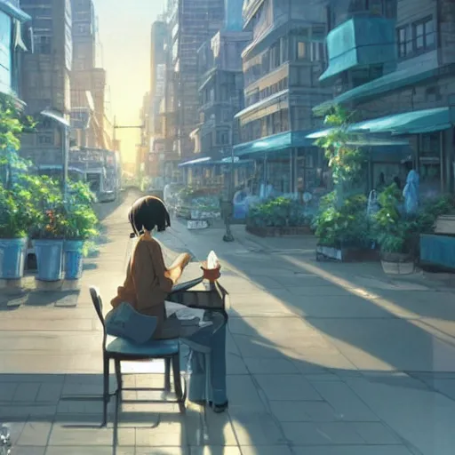 Image similar to a masterpiece detailed beautiful cityscape, early hour morning, a girl drinking coffee with mobile on the table, by Makoto Shinkai