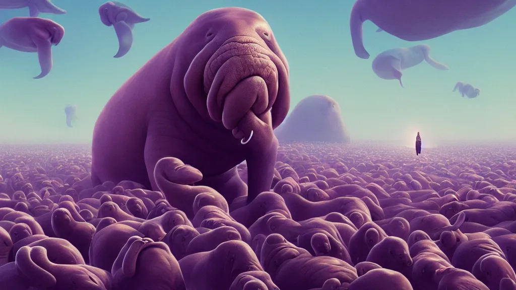 Prompt: an Epic Giant Walrus Battling an army of 1000s of Obama Clones by Beeple, 4K