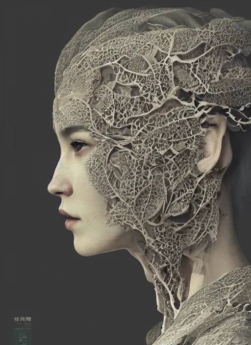 Image similar to a woman's face in profile, made of leaf skeletons, in the style of the Dutch masters and Gregory Crewdson, dark and moody intricate traditional Chinese textures, rococo decorations, hyper detail, Unreal engine,Octane render, by Karol Bak