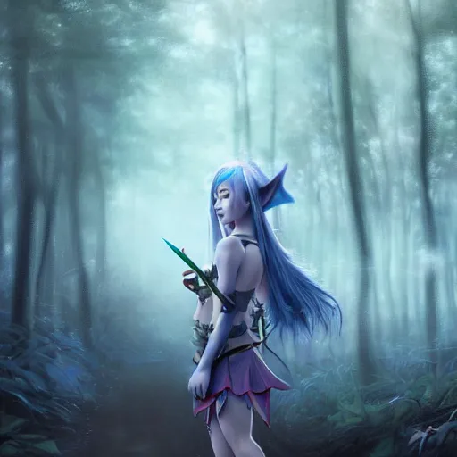 Prompt: breathtaking concept art of beautiful young Asian elf woman with elf ears and blue hair in a hazy forest at night in the rain, dark and moody lighting, brilliant use of light and shadow, by Artgerm, cinematic, epic scene, 8K, trending on Artstation