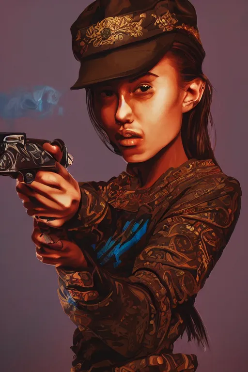 Prompt: painting of a gangster girl holding a pistol, intricate, highly detailed, digital painting, official media, concept art, rich vivid colors, ambient lighting, sharp focus, illustration