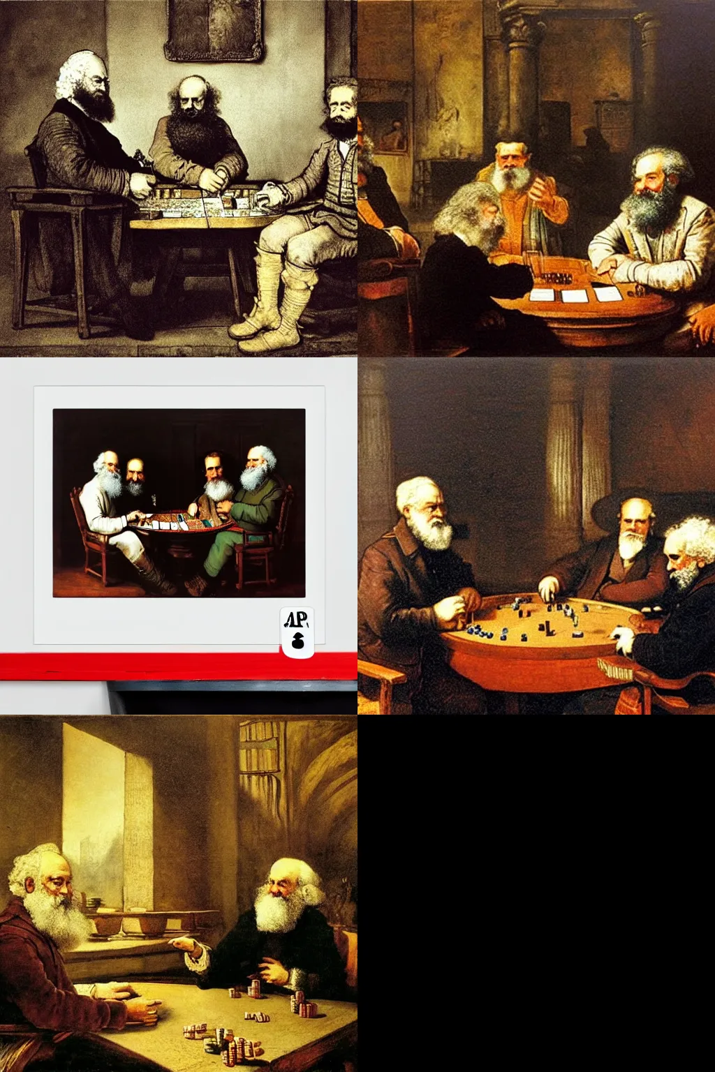 Prompt: Karl Marx and Plato playing Poker by Rembrandt