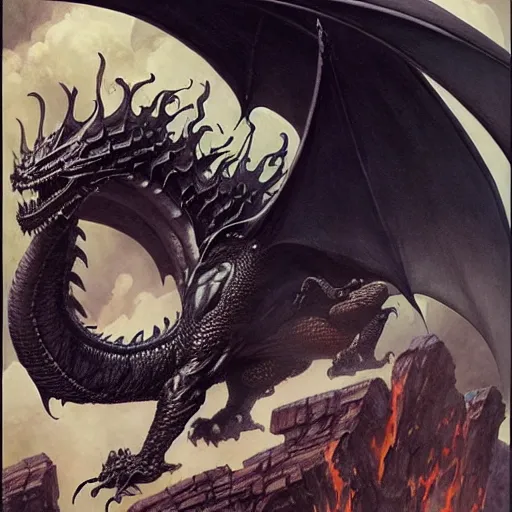 Prompt: flying black dragon, d & d, fantasy, greg rutkowski, frank frazetta, alexandre chaudret, boris vallejo, michael whelan, miro petrov, hr giger, magali villeneuve, donato giancola