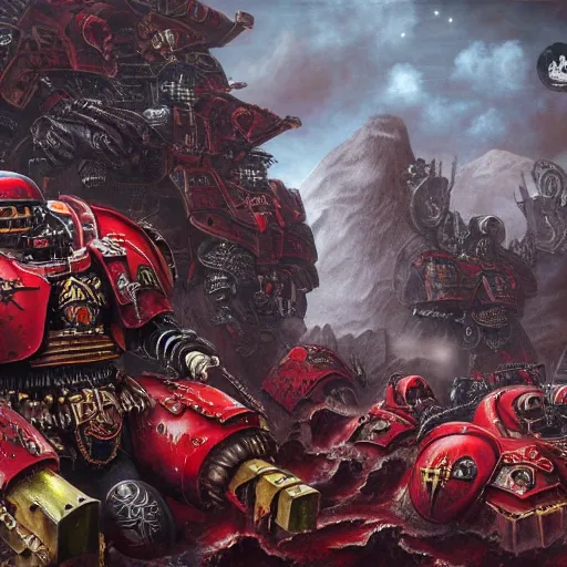 Image similar to a beautiful highly detailed matte painting of Warhammer 40k Space Marine Blood Ravens