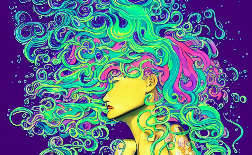 Prompt: a digital painting of a woman with colorful hair made of curly and splashing liquid and bubbles, intricate mechanical details, futuristic, a pop art painting by tomokazu matsuyama, behance contest winner, psychedelic art, psychedelic, 2 d, digital illustration, trending on artstation, anime stylized, accurate fictional proportions, high delicate defined details, ethereal lighting