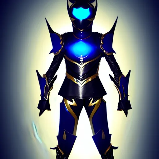 Image similar to High Fantasy Kamen Rider, single character full body, 4k, glowing eyes, daytime, rubber suit, dark blue segmented armor, dragon inspired armor, centered