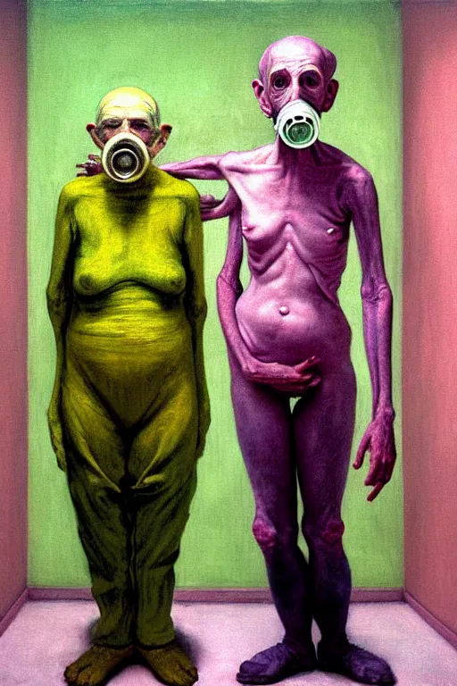 Prompt: two skinny old people with extra limbs, and large !!!wide eyes!!! wearing gas masks standing inside a deserted hospital room, draped in gold, pink and green, hauntingly surreal, highly detailed painting by Francis Bacon, Edward Hopper, Adrian Ghenie, Gerhard Richter, and James jean Soft light 4K,