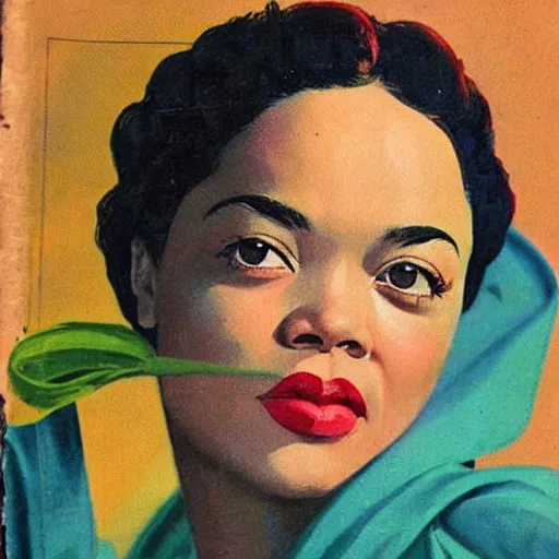 Image similar to “Tessa Thompson portrait, color vintage magazine illustration 1950”