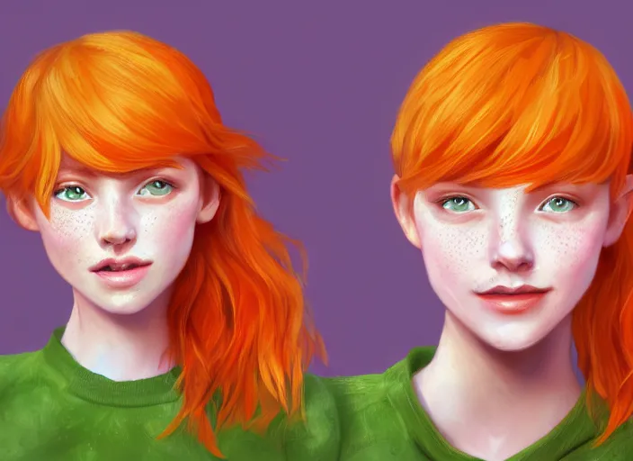 Prompt: portrait of a beautiful smiling girl with orange hair and freckles, green eyes, highly detailed, digital painting, concept art, smooth, sharp, focus, background is purple, artstation, style by Janice Sung
