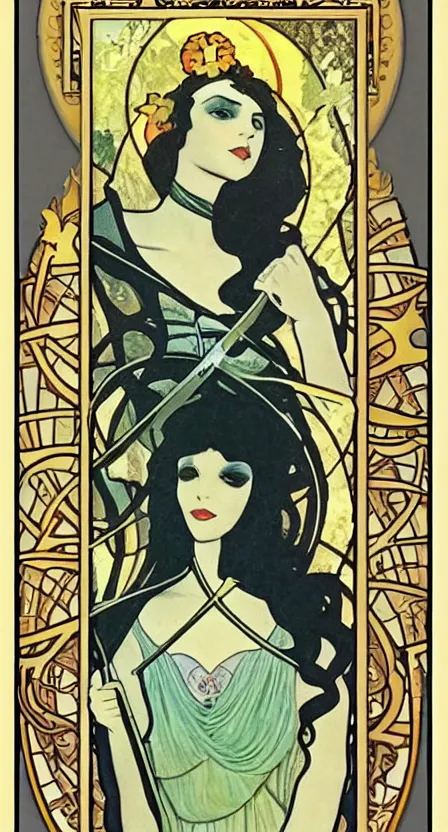 Image similar to a tarot card of death with a scythe, illustrated in an art deco style by tamara de lempika and an elegant border by alphonse mucha.