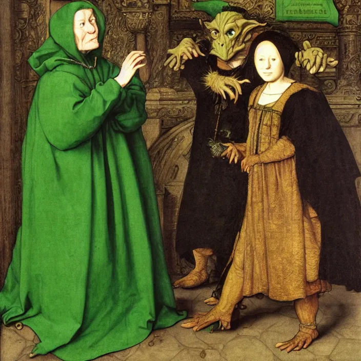 Image similar to a goblin monster and a woman in a green cloak, by Hans Holbein the Younger