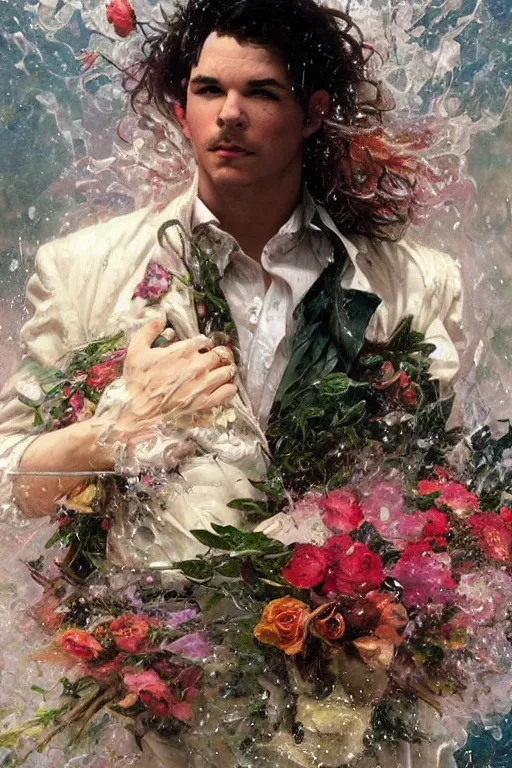 Image similar to portrait pitbull mr. worldwide holding a bouquet of flowing flowers, drenched body, wet dripping, hands hidden under the bouquet, emerging from the water, fantasy, regal, intricate, by stanley artgerm lau, greg rutkowski, thomas kindkade, alphonse mucha, loish, norman rockwell