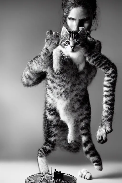 Prompt: 5 0 mm f 8 full body portrait photography of a brave proud humanoid kitten sherriff, setting is a futuristic castle, by erwin olaf