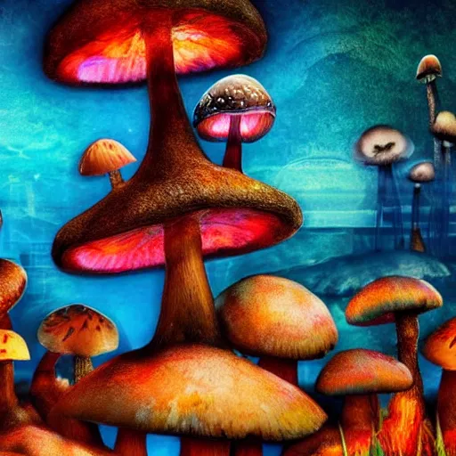 Image similar to mushroom city, dslr, colorful, fantasy,