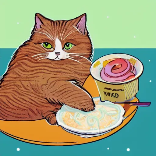 Image similar to obese cat sitting next to a slice of toast with indomie mi goreng noodles on top, traditional artstyle