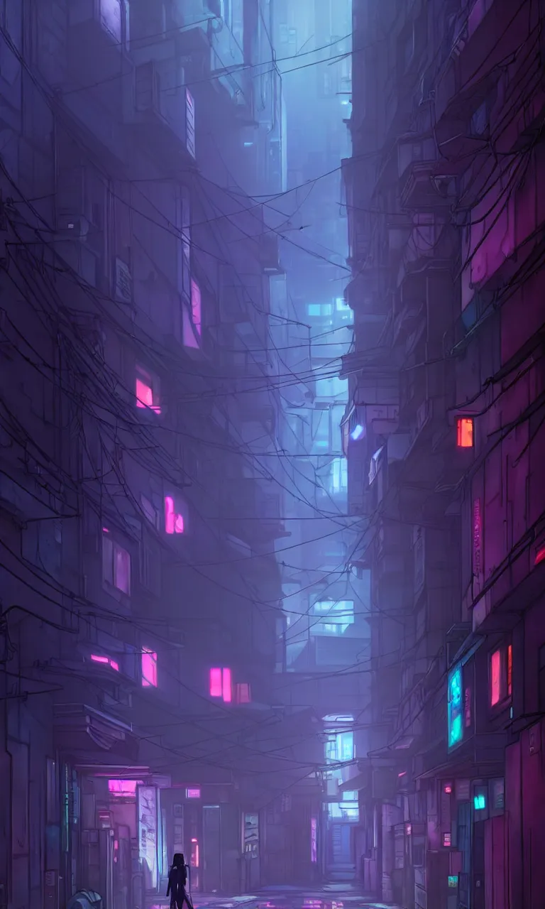 Image similar to city alleyway in the atmospheric cyberpunk anime film, gouache matte background painting, neon noir, at night with lights, by makoto shinkai, in the anime series ergo proxy, beautiful specular edge highlights and rim lighting