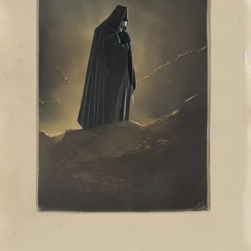 Image similar to portrait of small pale cowardly man wearing dark cloak, rogue, fear, fantasy artwork, dnd, looking sideways, high fantasy