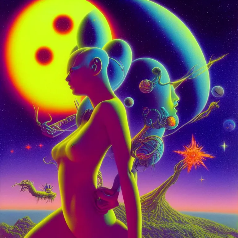 Image similar to cosmic girl, 2 0 yo, medium close - up, bright neon colors, highly detailed, cinematic, panoramic, tim white, michael whelan, roger dean, bob eggleton, philippe druillet, vladimir kush, kubrick, alfred kelsner, boris vallejo