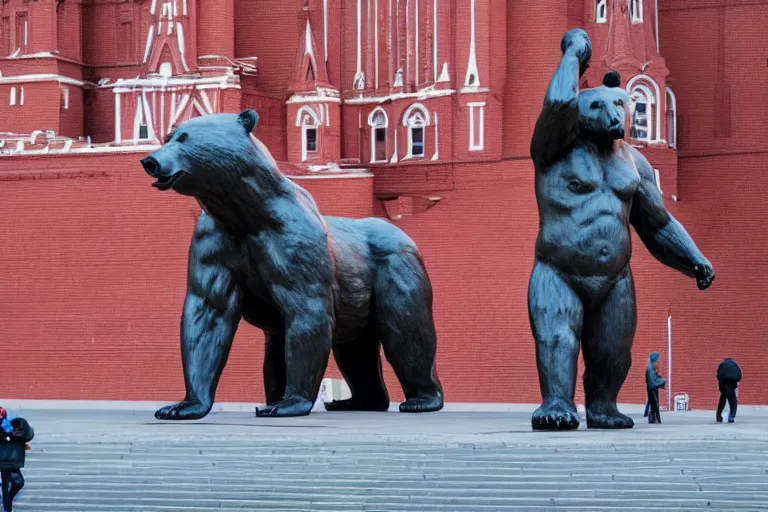 Image similar to a gigantic statue of bear holding a bottle of vodka in the middle of the red square, symmetry, awesome exposition, very detailed, highly accurate, 8 k, professional lighting diffracted lightrays, sense of awe