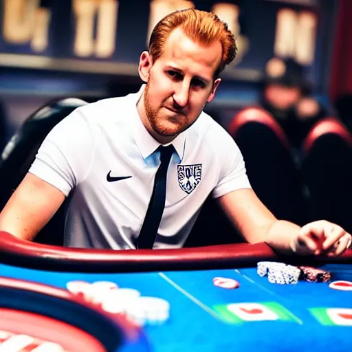 Prompt: promotional photo of harry kane playing greg raymer at a poker table, uhd, 8k, hyper detailed, wsop, poker,
