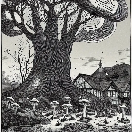 Prompt: 19th century wood-engraving , whole page illustration , art in the style of Terry Moore, a tiny village carved into the side of a tree, inhabited by elves and faeries, the outside lights are bioluminescent mushrooms and fungi intricately detailed