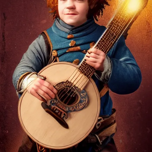 Image similar to realistic portrait of a halfling male, happy, bard, short hair, lute, intricate details, cinematic, photo, fantasy, medieval