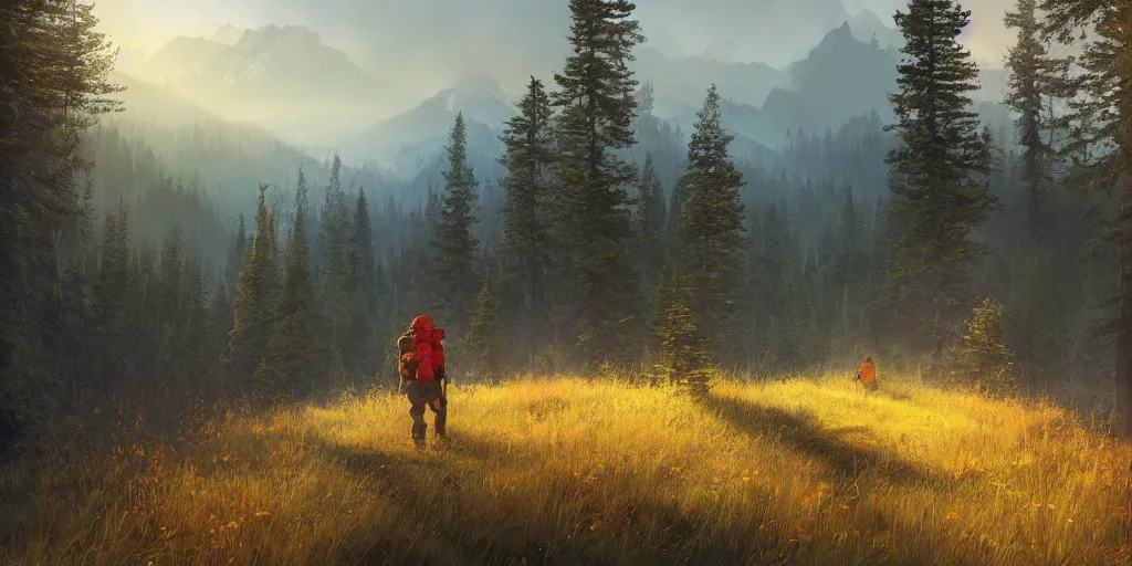 Prompt: a hiker with backpack hikes through the forest, first light, mountains, meadow, wildflowers, heard of elk, clouds, dramatic lighting, sunrise, by greg rutkowski and jeffrey smith, trending on artstation