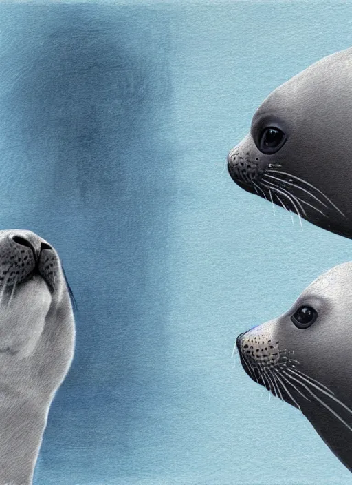 Prompt: a young man and a seal staring at each other intently. the man has brown curly hair, brown beard, small nose, blue eyes. the seal is gray. digital painting by annie lebowitz. extremely detailed, ultra realistic