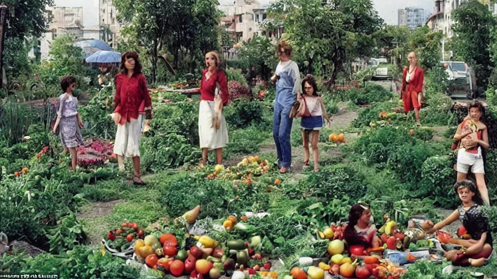 Image similar to A futuristic city: old roads are transformed into gardens growing fruits and vegetables, a family composed of two young women and a child has a picnic, from the famous Eric Rohmer movie