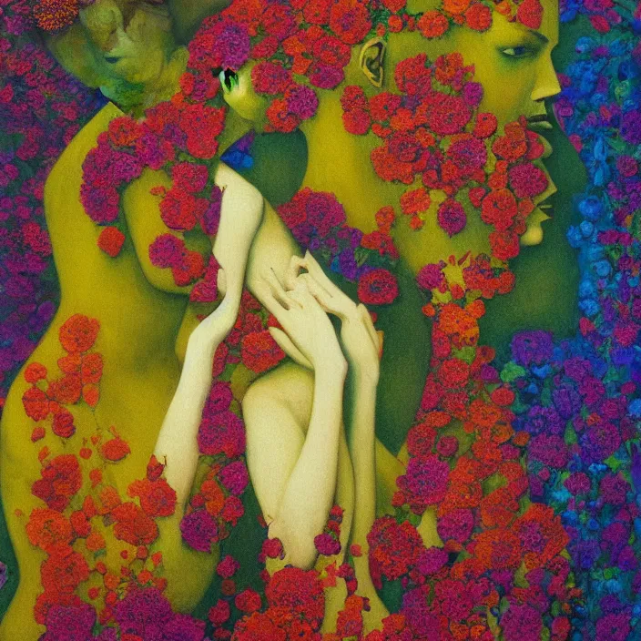 Prompt: portrait of women made of colorful fractal flowers hugging Edward Hopper and James Gilleard, Zdzislaw Beksinski, highly detailed