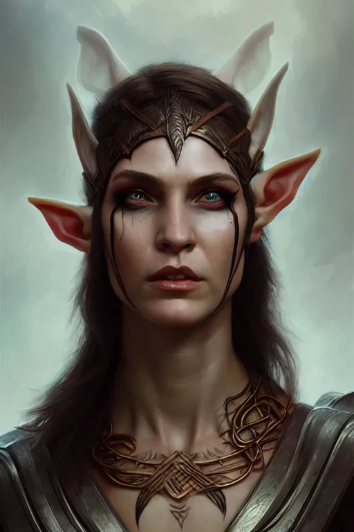 Image similar to portrait of a pagan berserk elven woman with a warpaint, undercut haircut, medium shot, portrait, concept art, natural lighting, illustration, full color, highly detailed, photorealistic, by greg rutkowski and artgerm, artstation,