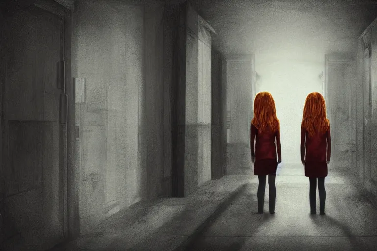 Image similar to scary ginger twin girls standing in an haunted endless hallway, illustration, horror, dark, dramatic lighting, digital art, unique, trending on artstation, artistic, symmetrical, inspired by wes anderson