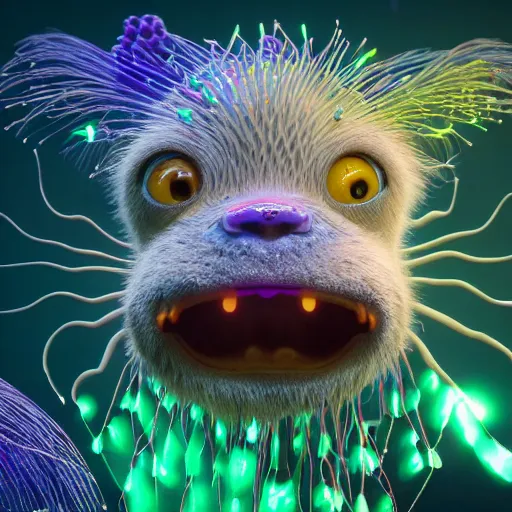 Image similar to quantum physics, expressive eyes, floating, rbc, radiolaria, protophyta, micro - organisms, center frame, symmetric, rim light, marine microbiology, bioluminescence, electric, fur, soft, concept art, intricate details, highly detailed, colorful, photorealistic, disney pixar, octane render,