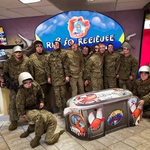 Image similar to Seal Team raiding a Chuck-E Cheese, realistic