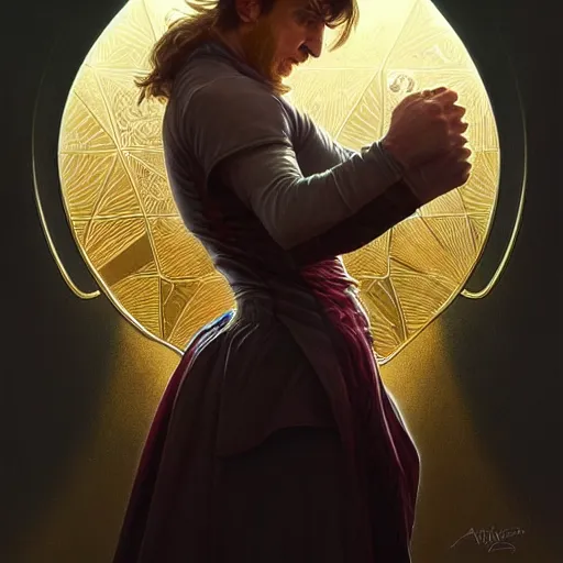 Image similar to Lionel Messi winning his 14th Ballon d'Or, D&D, intricate, elegant, highly detailed, digital painting, artstation, concept art, matte, sharp focus, illustration, art by Artgerm and Greg Rutkowski and Alphonse Mucha