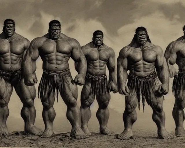 Image similar to hyper realistic group vintage photograph of an orc warrior tribe, tall, muscular, hulk like physique, tribal paint, tribal armor, grain, old