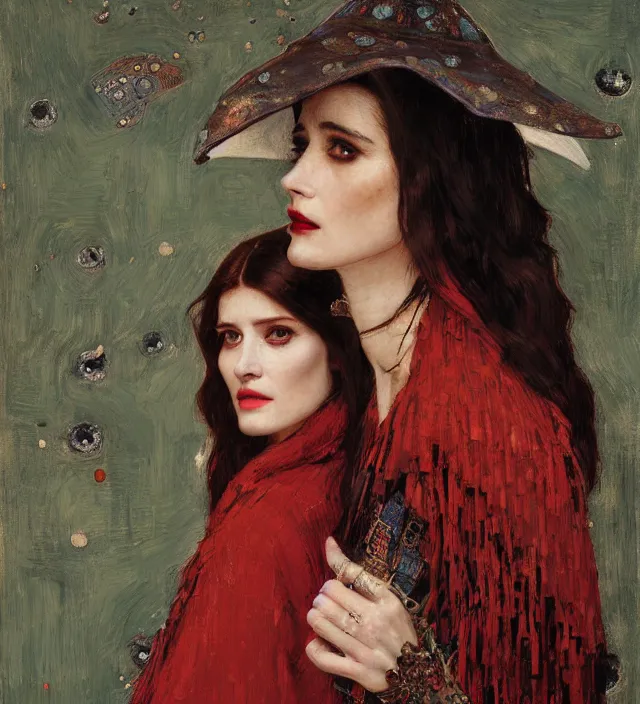 Image similar to portrait of fashionable young woman wearing rich jewerly hat and boho poncho into concrete hitech interior, eva green and Gemma Arterton, red light, dark make up on her face sitting dynamic pose, Low poly, thunder clouds in the sky, artwork by john william waterhouse and Denis Sarazhin and klimt and rhads and van gogh and Dean Ellis and Detmold Charles Maurice, levitation, industrial rusty pipes, simple form, brutal shapes