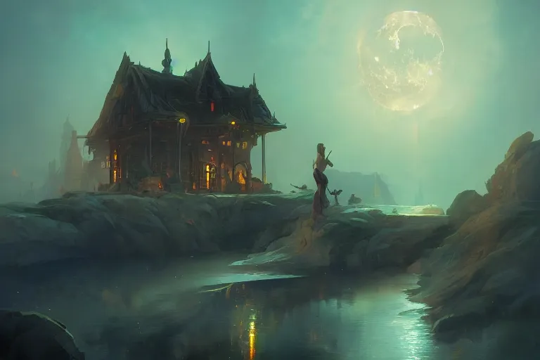 Image similar to fiery moon, atmospheric, ambient, lighting refraction, volumetric lighting, highly detailed, digital art, wallpaper, peter mohrbacher and greg rutkowski