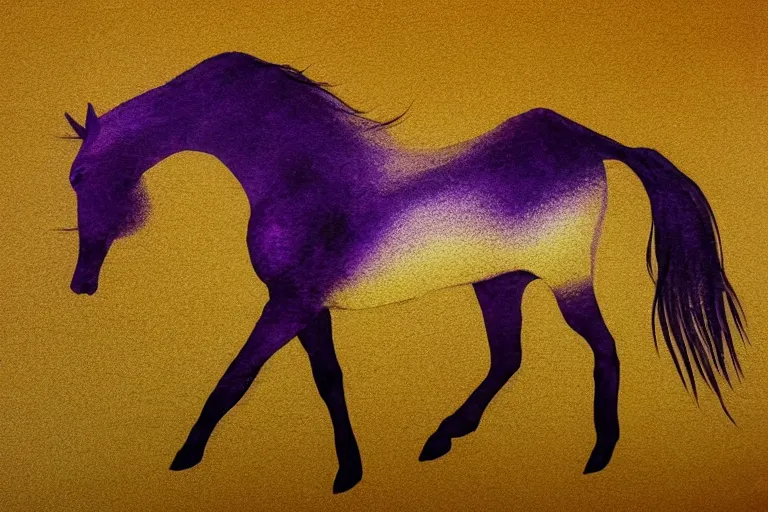 Image similar to beautiful serene horse, healing through motion, minimalistic golden and purple ink airbrush painting on white background