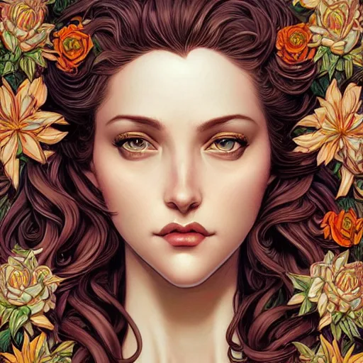 Image similar to a beautiful detailed front view portrait of a woman with ornate growing around, ornamentation, flowers, elegant, beautifully lit, artgerm, joshua middleton comic cover art,
