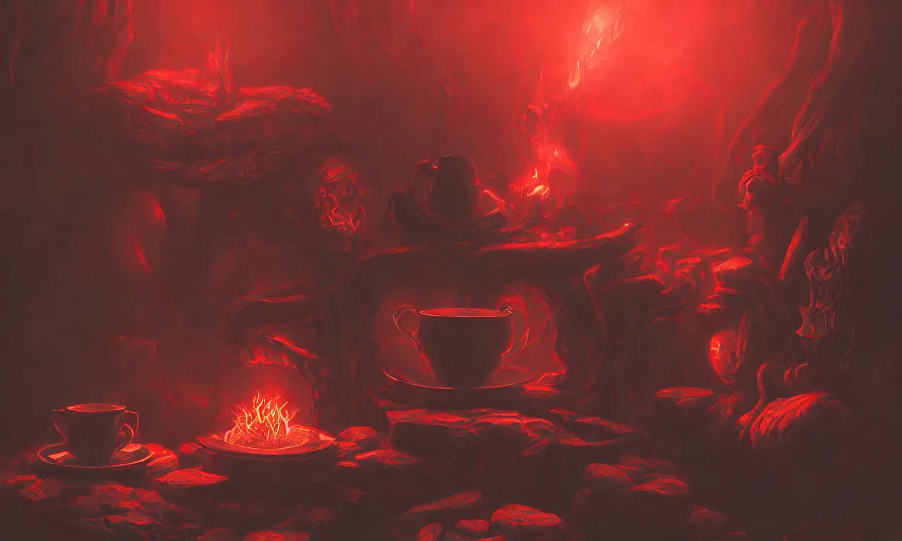 Image similar to hellish tea cozy with onyx finishes, by asher brown durand, trending on artstation, 8 k resolution, red lights, cyberpunk, demonic symbols