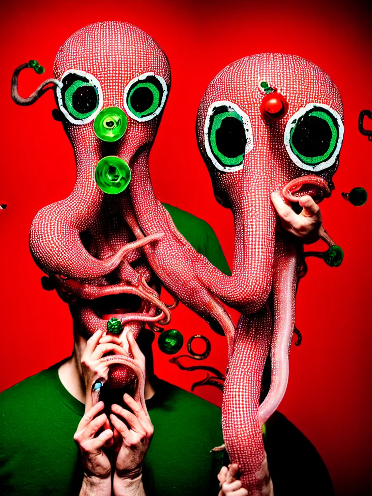 Image similar to a self portrait photograph by the artist kelbv, in distinct hyper detailed style with tubes coming from eyes, and hollowed out head filled with red and green gingham ellipsoids, perfect studio lighting against a backdrop of a still from the movie squid asthma.