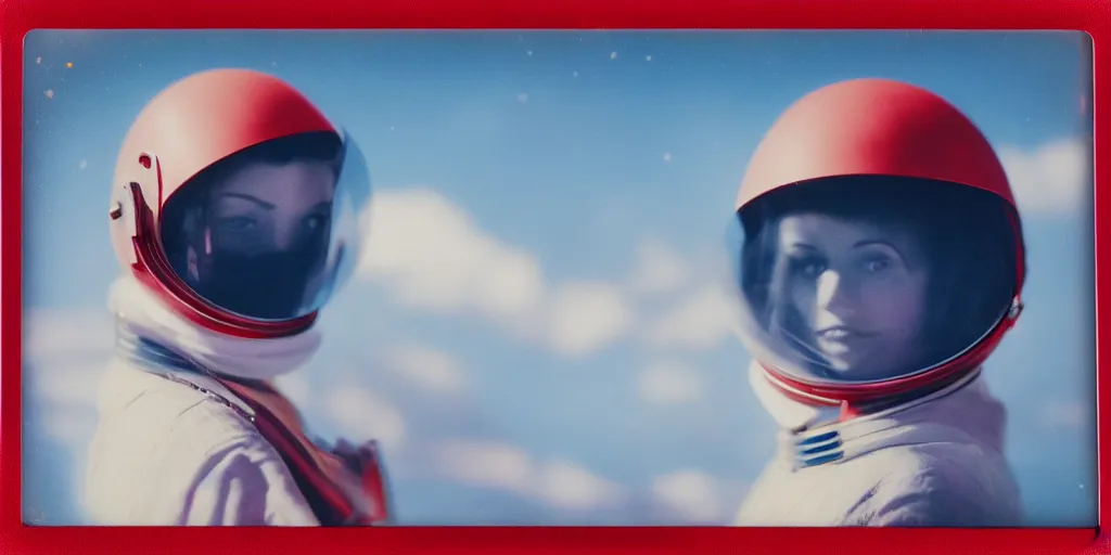 Prompt: vintage polaroid portrait of a beautiful woman wearing a space helmet, detailed clouds, 8k, unreal engine, warm azure tones, red color bleed, film grain