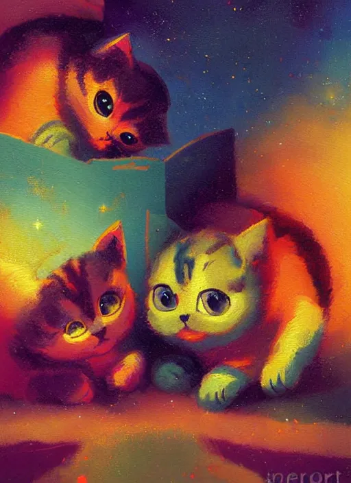 Image similar to colourful painting of two cute little kitties, art in paul lehr style, wide shot, bright, soft lighting, focus, masterpiece art - w 7 0 4