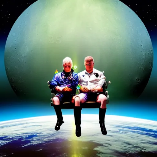 Prompt: Space Cowboy and Astronaut sitting on a chair with studio lighting, time traveling in space while looking at the dark side of the moon, highly detailed, NASA photo style, psychedelic, photo realism